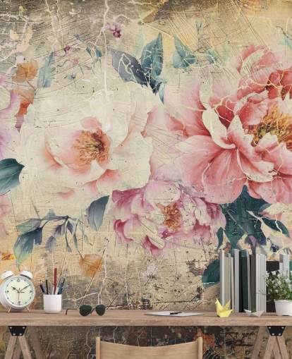 rosa och vit anpassningsbar vintage ros väggmålning som heter Distressed Pink Roses av Rafal Kulik