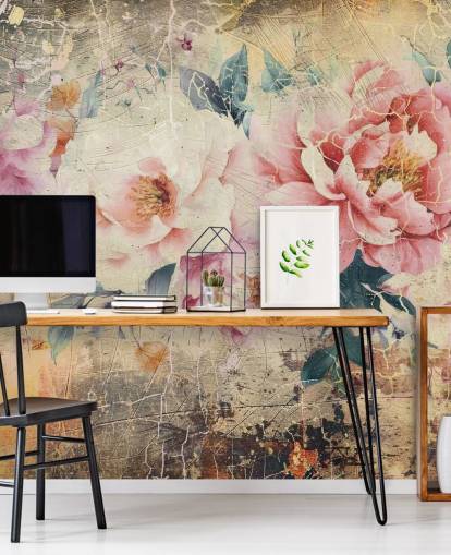 fresque murale rose vintage personnalisable rose et blanche appelée Distressed Pink Roses par Rafal Kulik