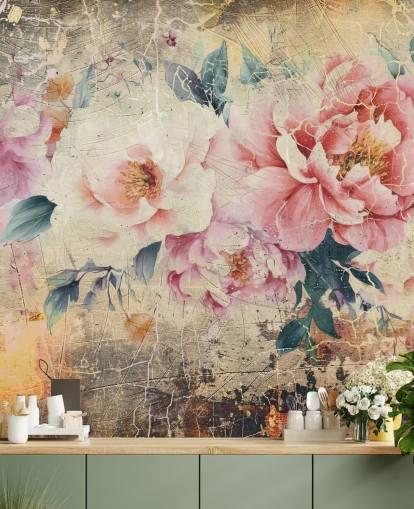 pink and white customisable vintage rose wall mural called Distressed Pink Roses by Rafal Kulik