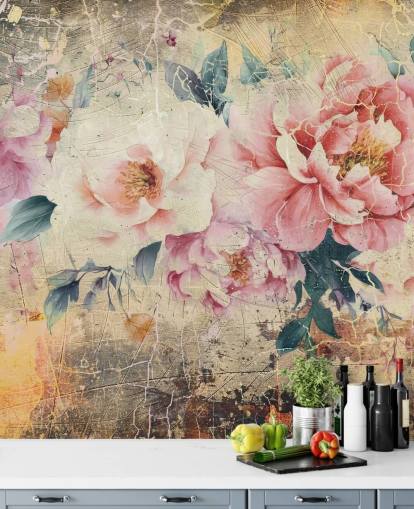 personalisierbares Vintage-Rosen-Wandbild in Rosa und Weiß namens Distressed Pink Roses von Rafal Kulik