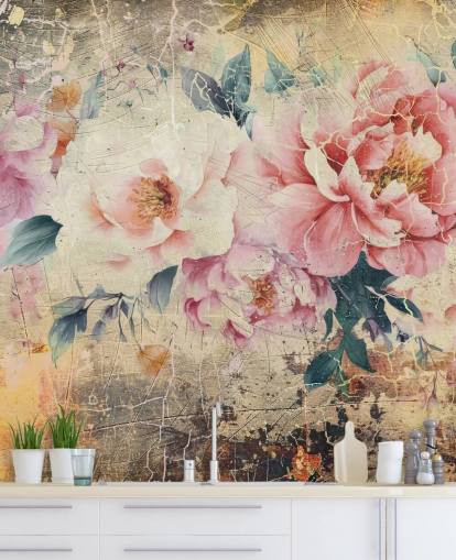 pink and white customisable vintage rose wall mural called Distressed Pink Roses by Rafal Kulik