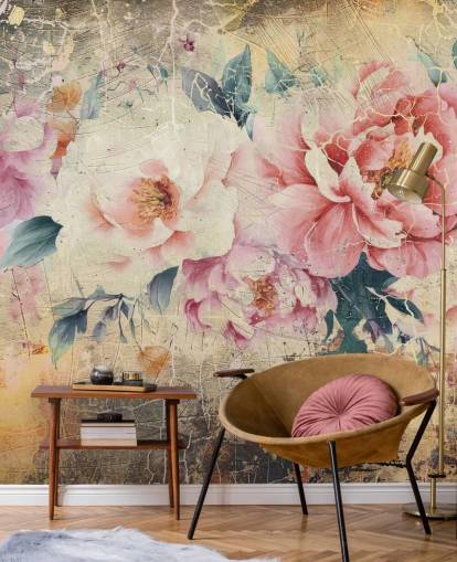 murale da parete rosa e bianco vintage personalizzabile chiamato Distressed Pink Roses di Rafal Kulik murale da parete rosa e bianco vintage personalizzabile chiamato Distressed Pink Roses di Rafal Kulik
