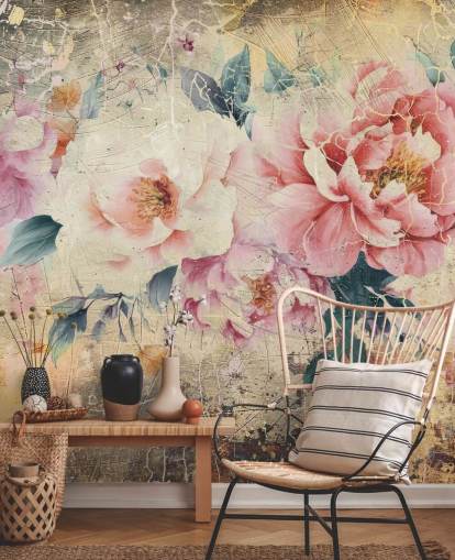 mural de parede vintage personalizável rosa e branco chamado Distressed Pink Roses de Rafal Kulik