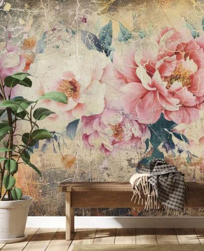 murale da parete rosa e bianco vintage personalizzabile chiamato Distressed Pink Roses di Rafal Kulik murale da parete rosa e bianco vintage personalizzabile chiamato Distressed Pink Roses di Rafal Kulik