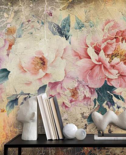 mural de pared de rosas vintage personalizable en blanco y rosa llamado Distressed Pink Roses de Rafal Kulik