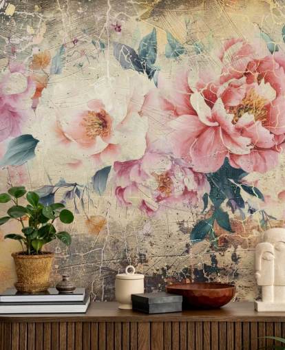 vaaleanpunainen ja valkoinen muokattava vintage-ruususeinämaalaus nimeltä Distressed Pink Roses by Rafal Kulik