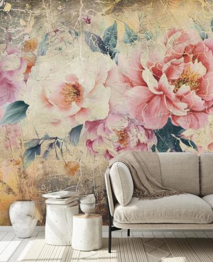 vaaleanpunainen ja valkoinen muokattava vintage-ruususeinämaalaus nimeltä Distressed Pink Roses by Rafal Kulik