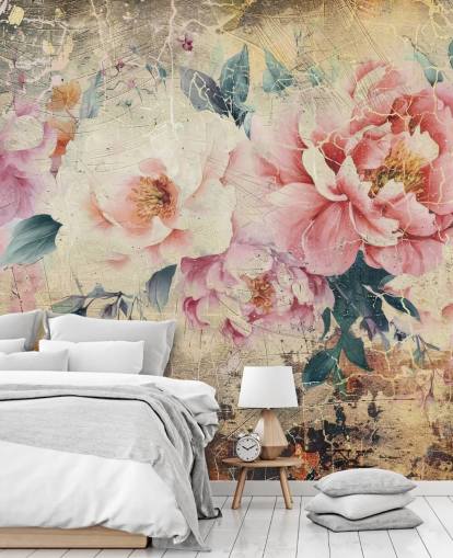 mural de parede vintage personalizável rosa e branco chamado Distressed Pink Roses de Rafal Kulik