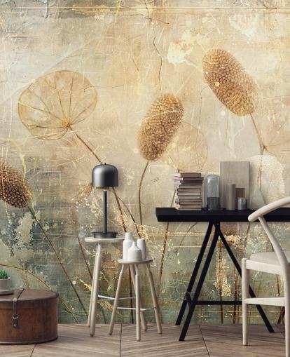 mural de papel pintado vintage personalizado en sepia llamado Distressed Reeds de Rafal Kulik