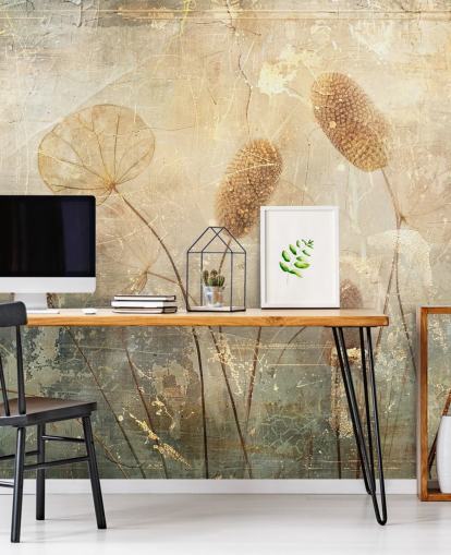 mural de papel de parede vintage personalizado em sépia chamado Distressed Reeds de Rafal Kulik