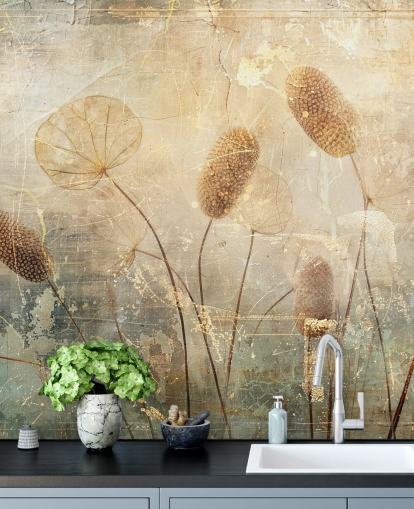 mural de papel pintado vintage personalizado en sepia llamado Distressed Reeds de Rafal Kulik