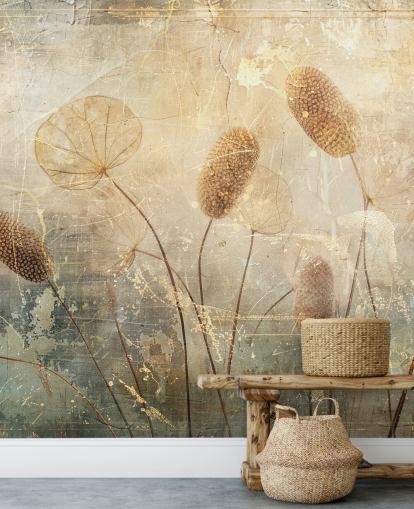 mural de papel pintado vintage personalizado en sepia llamado Distressed Reeds de Rafal Kulik