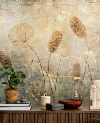 sepia custom vintage wallpaper mural called Distressed Reeds by Rafal Kulik