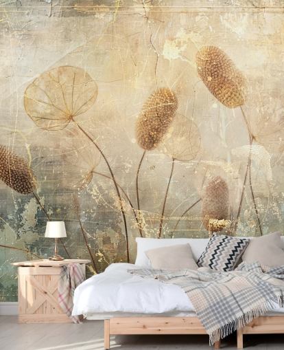 carta da parati murale vintage personalizzata color seppia chiamata Distressed Reeds di Rafal Kulik