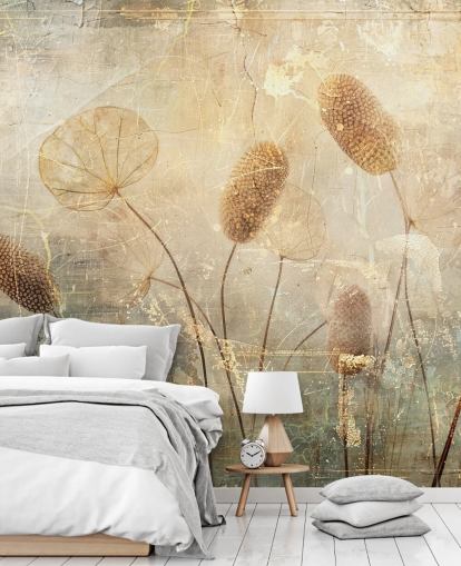 mural de papel pintado vintage personalizado en sepia llamado Distressed Reeds de Rafal Kulik