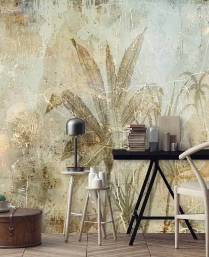 sepia aanpasbare jungle muurschildering genaamd Distressed Sepia Jungle van Rafal Kulik