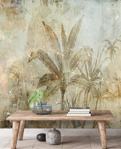 sepia aanpasbare jungle muurschildering genaamd Distressed Sepia Jungle van Rafal Kulik