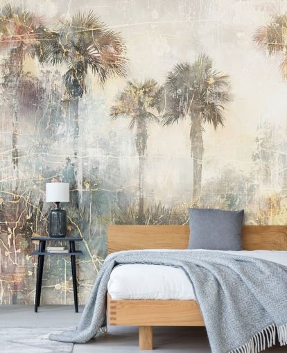 tilpasselig vintage jungle vægmaleri kaldet Distressed Tropical Palm Trees II af Rafal Kulik