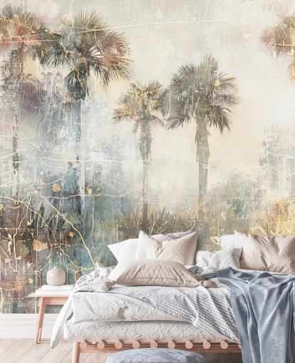 Rafal Kulikin mukautettava vintage-viidakon seinämaalaus nimeltä Distressed Tropical Palm Trees II