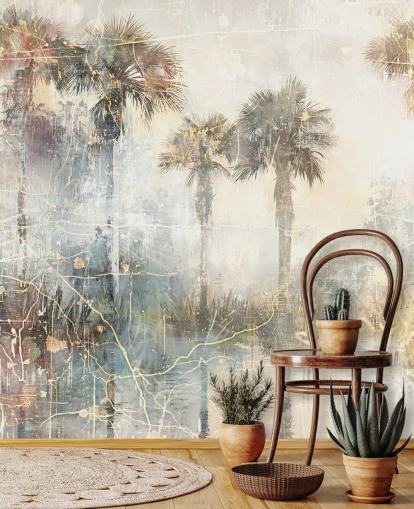 mural de parede vintage personalizável chamado Distressed Tropical Palm Trees II de Rafal Kulik