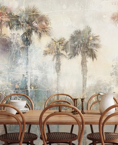 anpassbares Vintage-Dschungel-Wandbild namens Distressed Tropical Palm Trees II von Rafal Kulik