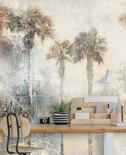 murale da parete vintage personalizzabile con giungla chiamato Distressed Tropical Palm Trees II di Rafal Kulik