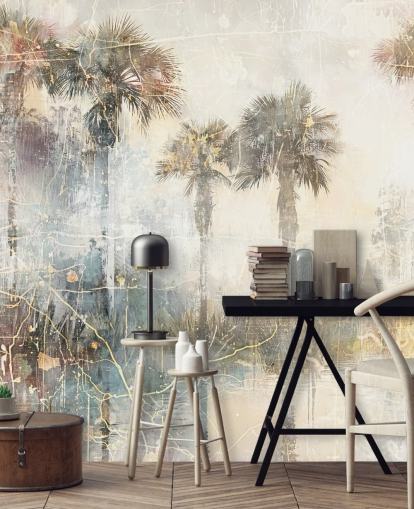 tilpasselig vintage jungle vægmaleri kaldet Distressed Tropical Palm Trees II af Rafal Kulik