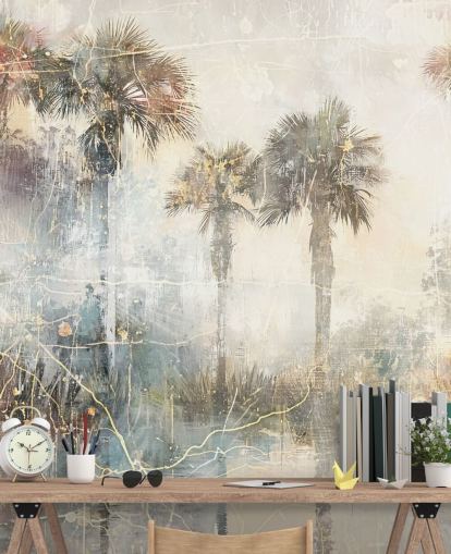 mural de parede vintage personalizável chamado Distressed Tropical Palm Trees II de Rafal Kulik