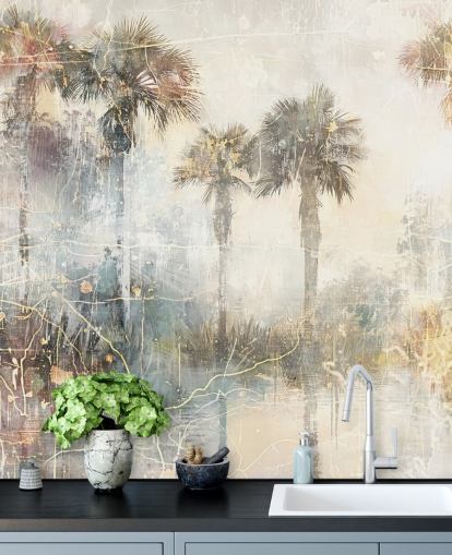customisable vintage jungle wall mural called Distressed Tropical Palm Trees II by Rafal Kulik