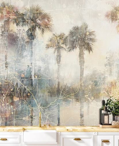customisable vintage jungle wall mural called Distressed Tropical Palm Trees II by Rafal Kulik