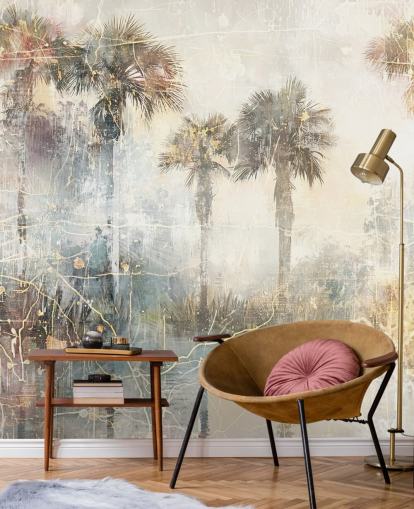 customisable vintage jungle wall mural called Distressed Tropical Palm Trees II by Rafal Kulik