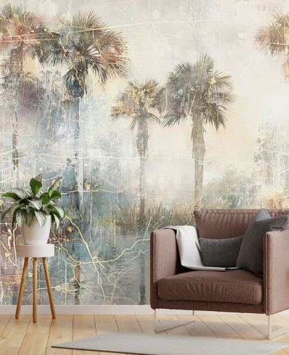 aanpasbare vintage jungle muurschildering genaamd Distressed Tropical Palm Trees II van Rafal Kulik