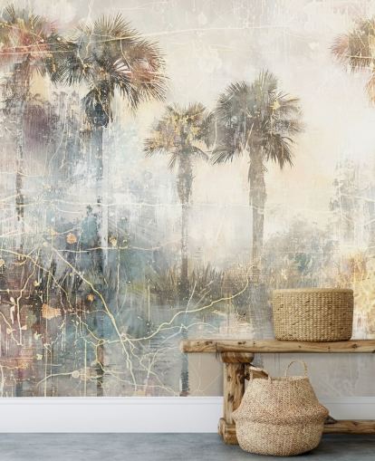anpassbares Vintage-Dschungel-Wandbild namens Distressed Tropical Palm Trees II von Rafal Kulik