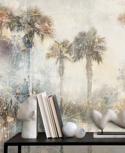 customisable vintage jungle wall mural called Distressed Tropical Palm Trees II by Rafal Kulik