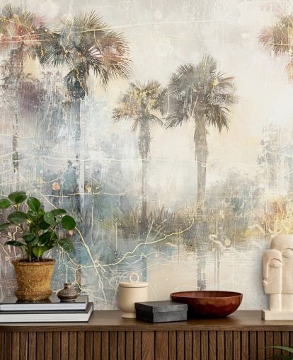 fresque murale vintage personnalisable dans la jungle appelée Distressed Tropical Palm Trees II par Rafal Kulik fresque murale vintage personnalisable dans la jungle appelée Distressed Tropical Palm Trees II par Rafal Kulik