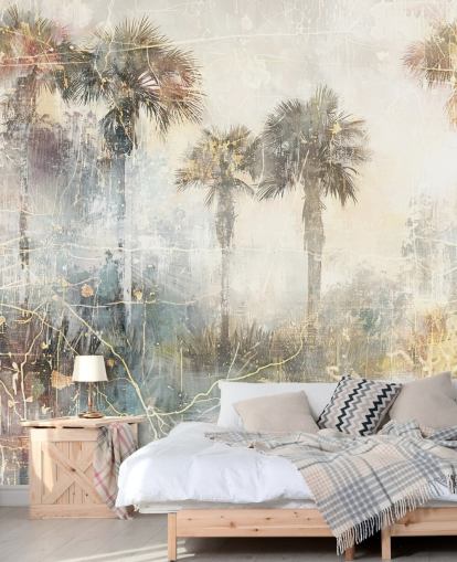 fresque murale vintage personnalisable dans la jungle appelée Distressed Tropical Palm Trees II par Rafal Kulik