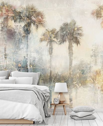 anpassbares Vintage-Dschungel-Wandbild namens Distressed Tropical Palm Trees II von Rafal Kulik