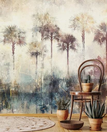 mural de papel pintado de palmeras personalizable llamado Distressed Tropical Palm Trees de Rafal Kulik