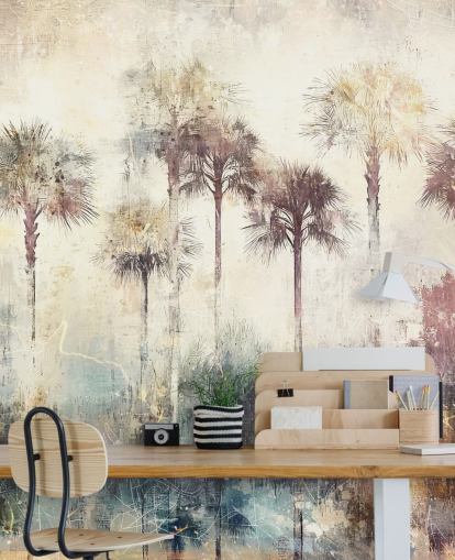 mural de papel de parede de palmeira personalizável chamado Distressed Tropical Palm Trees de Rafal Kulik