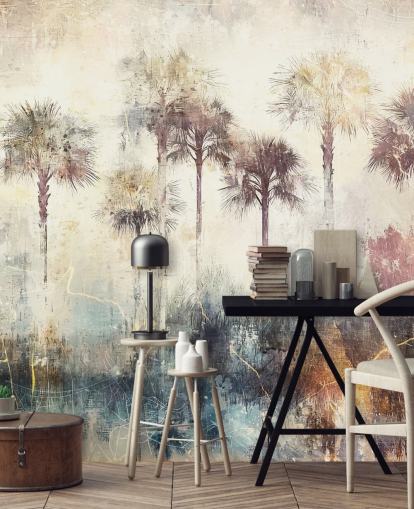 mural de papel de parede de palmeira personalizável chamado Distressed Tropical Palm Trees de Rafal Kulik