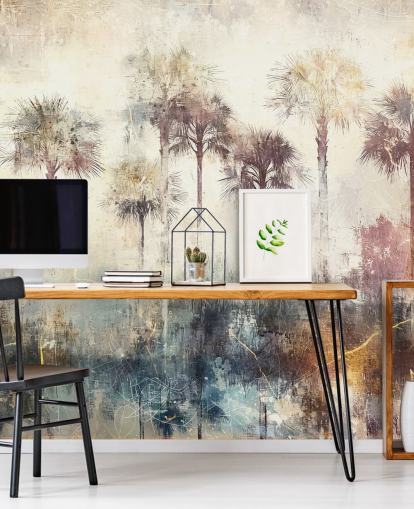 aanpasbare muurschildering met palmbomen genaamd Distressed Tropical Palm Trees van Rafal Kulik aanpasbare muurschildering met palmbomen genaamd Distressed Tropical Palm Trees van Rafal Kulik