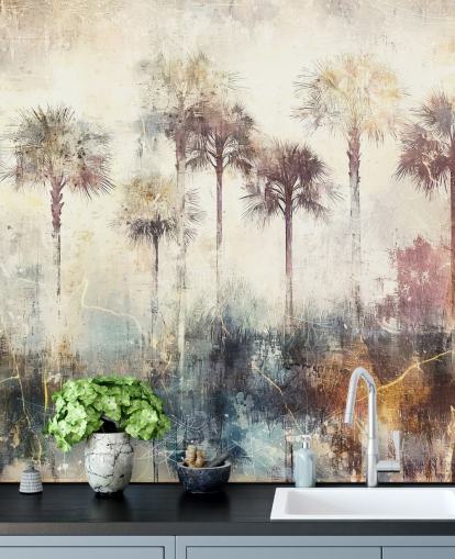 mural de papel pintado de palmeras personalizable llamado Distressed Tropical Palm Trees de Rafal Kulik