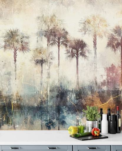 tilpassbart veggmaleri med palmer kalt Distressed Tropical Palm Trees av Rafal Kulik