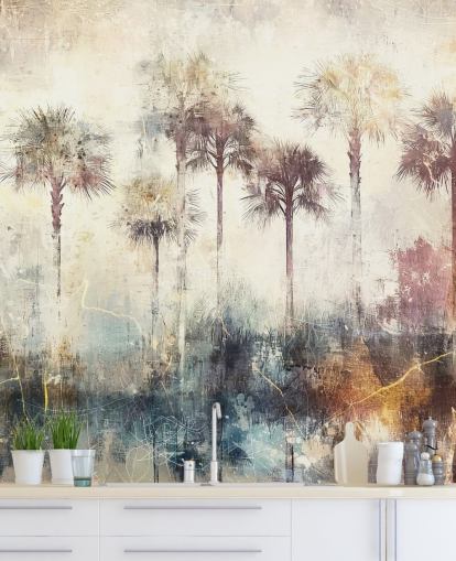 mural de papel pintado de palmeras personalizable llamado Distressed Tropical Palm Trees de Rafal Kulik mural de papel pintado de palmeras personalizable llamado Distressed Tropical Palm Trees de Rafal Kulik