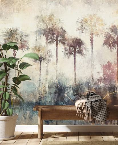 mural de papel pintado de palmeras personalizable llamado Distressed Tropical Palm Trees de Rafal Kulik