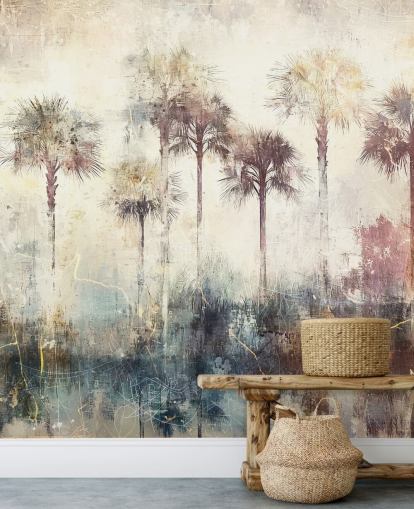 mural de papel de parede de palmeira personalizável chamado Distressed Tropical Palm Trees de Rafal Kulik