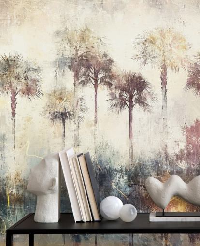 aanpasbare muurschildering met palmbomen genaamd Distressed Tropical Palm Trees van Rafal Kulik aanpasbare muurschildering met palmbomen genaamd Distressed Tropical Palm Trees van Rafal Kulik