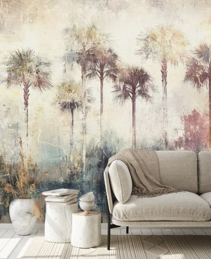 carta da parati murale personalizzabile con palme chiamata Distressed Tropical Palm Trees di Rafal Kulik