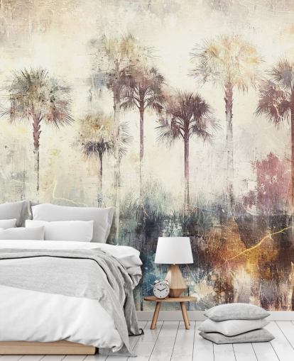 carta da parati murale personalizzabile con palme chiamata Distressed Tropical Palm Trees di Rafal Kulik