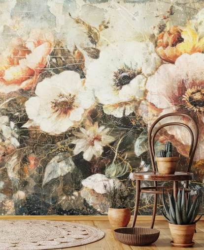 carta da parati murale vintage personalizzabile chiamata Distressed Vintage Florals II di Rafal Kulik